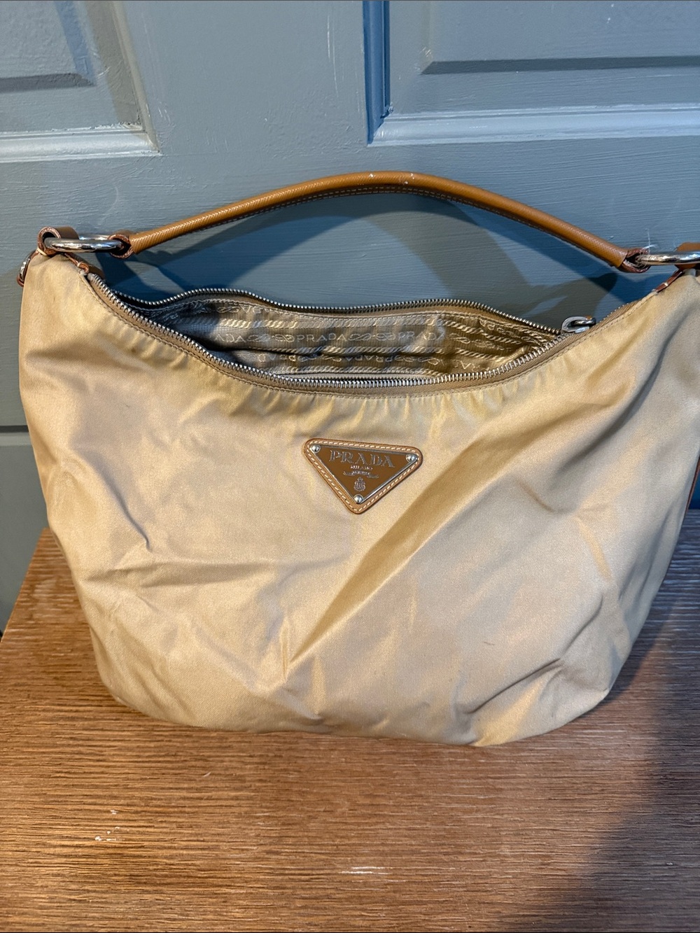 Prada Beige Nylon Shoulder Bag with Tan Leather Handle